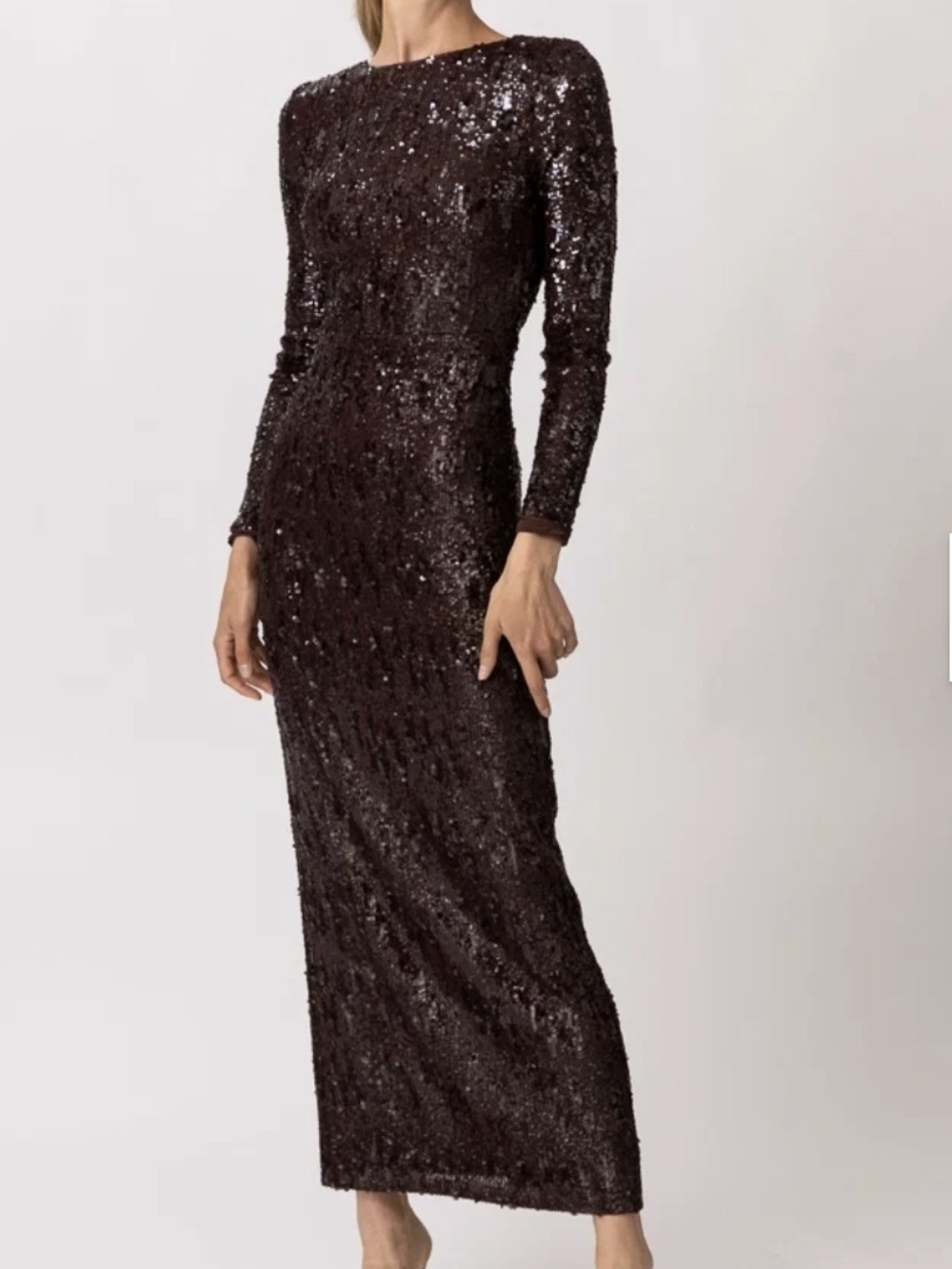 Line & Dot Chocolate Sequin Long-Sleeve Gown Open Back